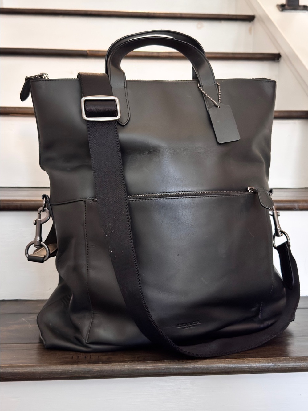 Coach Black Leather Tote with Adjustable Strap